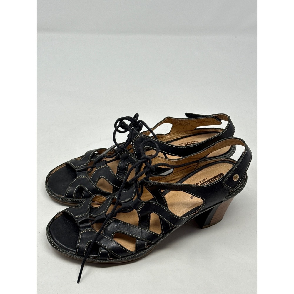 Pikolinos Womens Black Leather Lace Up‎ Wedge Heeled Sandals Size 39
